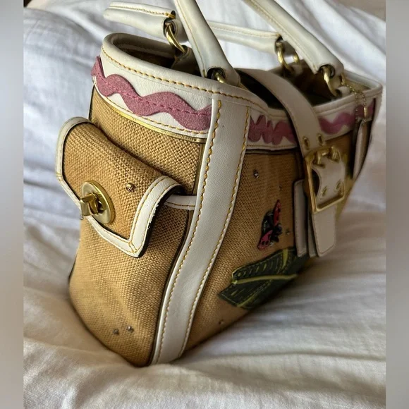 Vintage COACH #4439 Ladybug Motif Boxy Straw Tote Bag Limited Edition 2004 - Picture 7 of 12